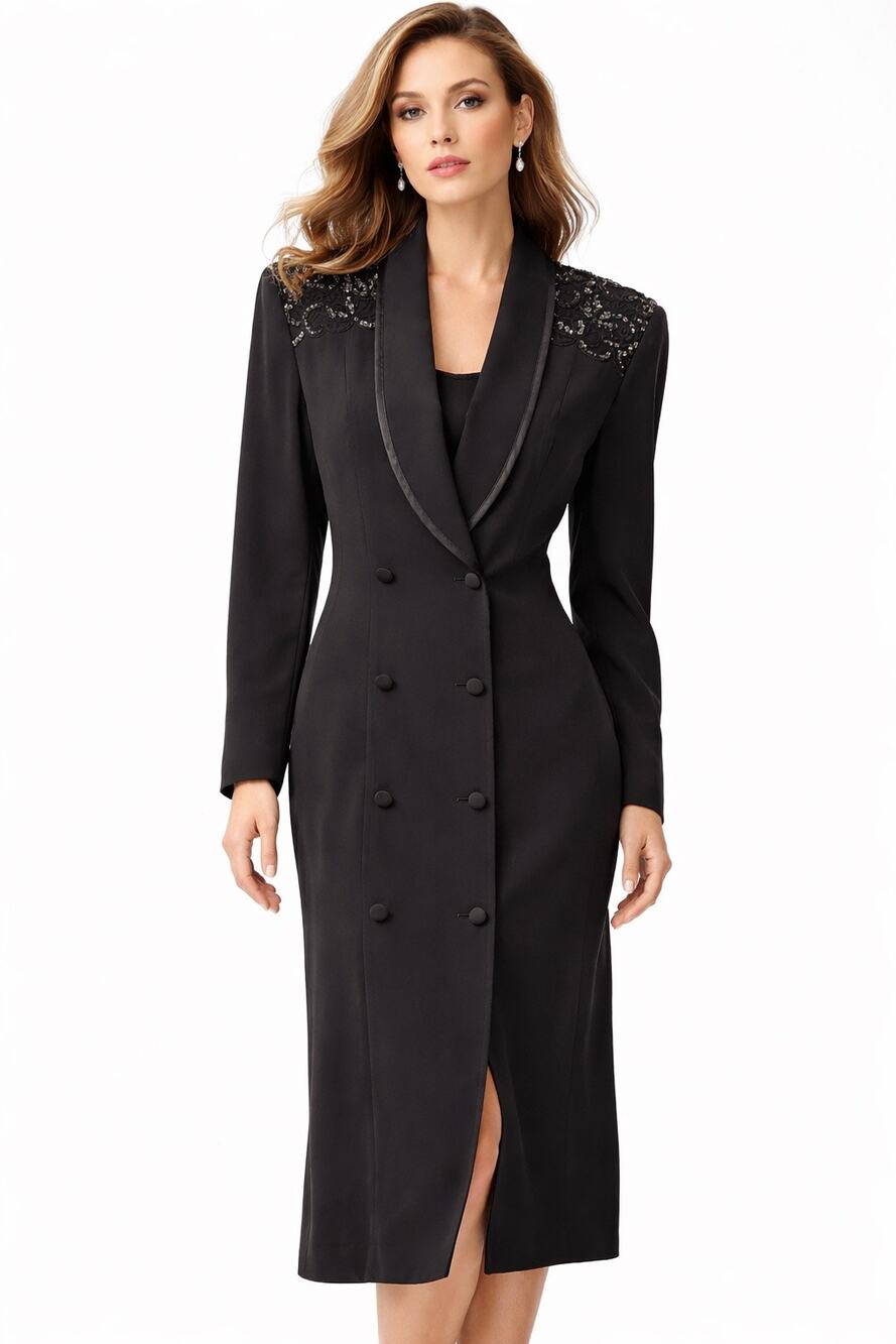 1980s R&M Richards Karen Kwong Black Beaded Shoulder Coat Dress Size small USA